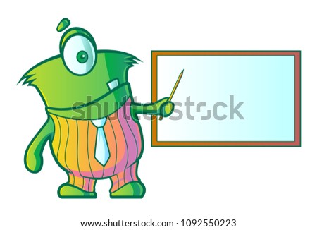 Vector Cartoon Illustration of Cute Green Single Eye Monster With White Board. Isolated On White Background.