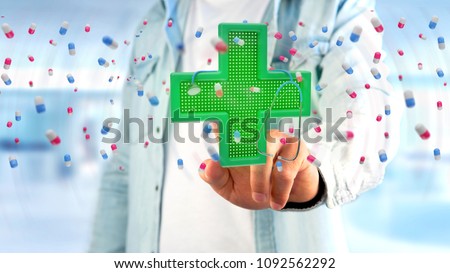 View of a Businessman holding a Lighting pharmacy cross and a stethoscope - 3d render 