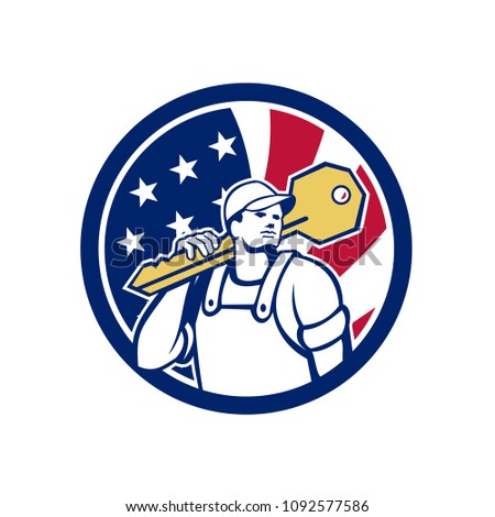 Icon retro style illustration of an American locksmith or key cutter carrying a giant key with United States of America USA star spangled banner, stars and stripes flag in circle isolated background.