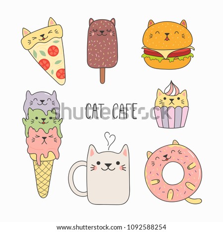 Hand drawn vector illustration of a kawaii funny food and steaming mug cup with cat ears. Isolated objects on white background. Line drawing. Design concept for cat cafe menu, children print.