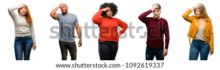 Group of cool people, woman and man terrified and nervous expressing anxiety and panic gesture, overwhelmed Royalty-Free Stock Photo #1092619337