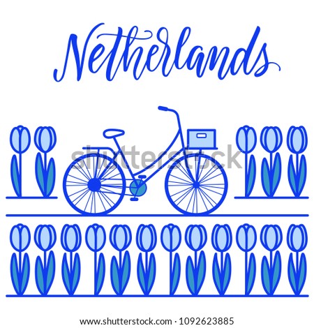 Tulips field and bicycle line art illustration in Delft blue colors. Travel Netherlands!