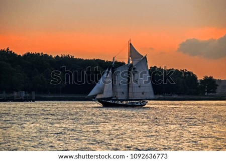 Sail boat on Hudson River against the green trees at sunset in New York City, USA