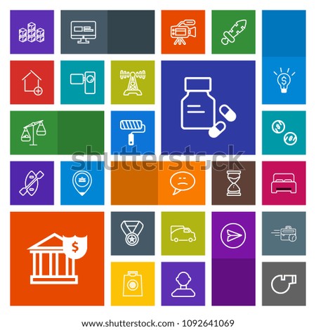 Modern, simple, colorful vector icon set with vehicle, message, pharmacy, sport, storehouse, success, currency, bubble, roll, cash, reward, finance, whistle, bedroom, referee, van, medical, bank icons