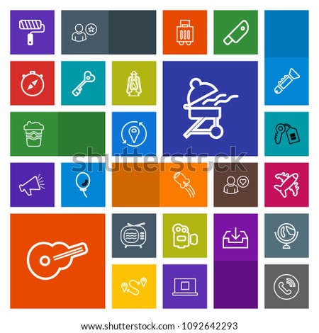 Modern, simple, colorful vector icon set with drink, equipment, craft, camera, coffee, door, musical, white, roll, house, plane, airplane, music, tv, barbecue, bbq, ring, aircraft, meat, phone icons
