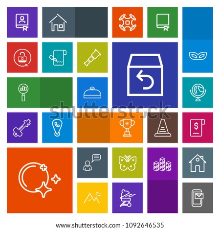 Modern, simple, colorful vector icon set with chat, email, phone, winner, book, competition, map, travel, bag, cup, trip, global, mail, championship, star, insect, contact, person, night icons