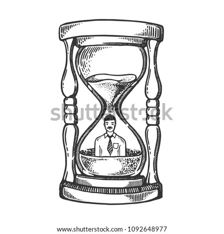 Man disappear in sand watch glass covered by sand engraving vector illustration. Time metaphor. Scratch board style imitation. Black and white hand drawn image.