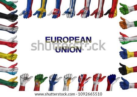 28 fingers up painted in national colors, the countries of the European Union are located at the edges with text