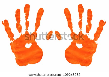 Left and right hands orange paint on white
