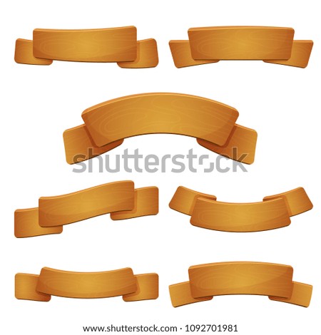 Vector illustration of a set of new wooden ribbons, banners, signs. Freshly made light brown signboards.