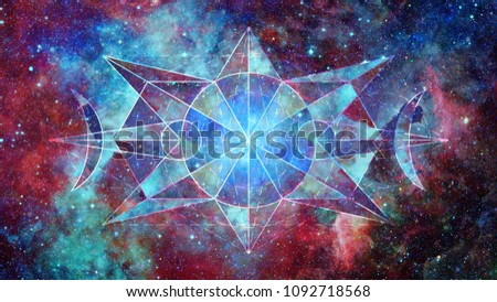 Abstract cosmos geometric background with polygons, triangles, stars and nebula. Polygonal cloudscape backdrop. Elements of this image furnished by NASA.