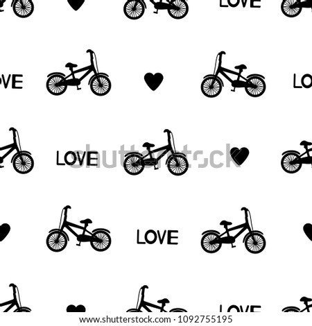 Seamless pattern with black bicycles, hearts and words Love. Vector illustration