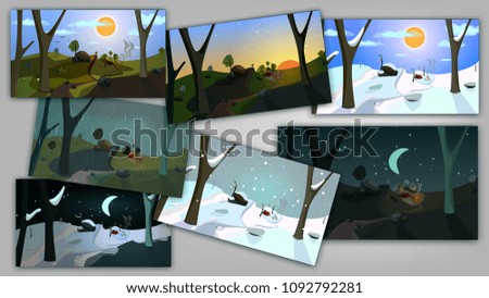 Flat cartoon illustrations with different weather and season. Summer and winter, day and night. snow and rain. High quality images. Stars. Flat vector illustration with wild landscape and camping