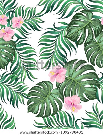 Seamless tropical vector pattern. Jungle background with hibiscus flowers and palm leaves.