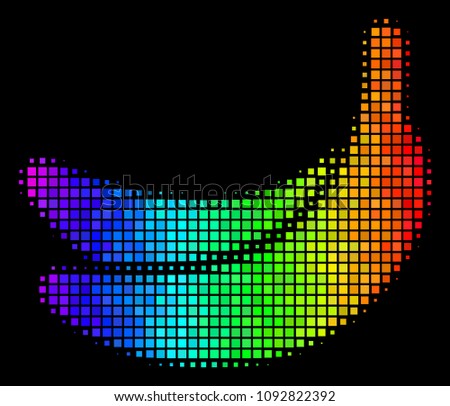 Dot bright halftone banana icon in spectrum color tinges with horizontal gradient on a black background. Colorful vector concept of banana pictogram created with square particles.