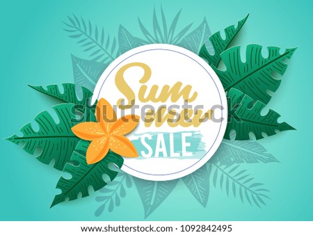 Summer sale, banner with tropical flowers and leaves. Vector