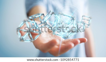 Businessman on blurred background using digital blue Blockchain 3D rendering