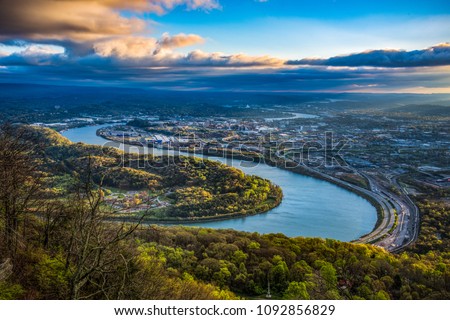 Drone Aerial View of Downtown Chattanooga Tennessee TN and Tennessee River Royalty-Free Stock Photo #1092856829