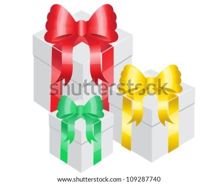 three gift boxes with bright ribbons of different colors