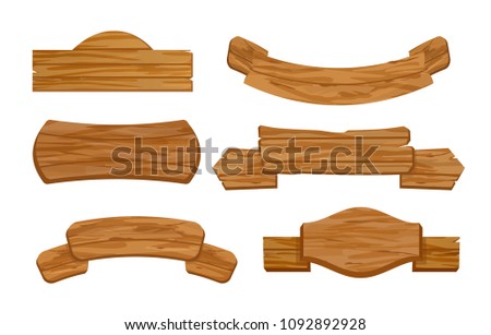 Vector illustration set of blank or empty, wooden planks or sign boards for store. Old retro style banners with signs for messages in flat style.