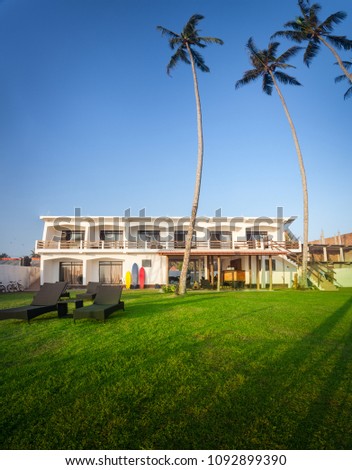 The modern hotel building in Mediterranean style surrounded by the wonderful tropical nature. Kogalla village, Sri Lanka's south coast is a well-known surfing destination.