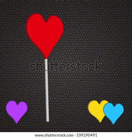 Set of colorful hearts isolated on black leather pad, vector illustration