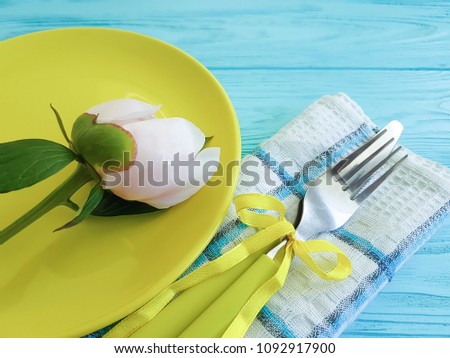 empty plate flower peony romantic on blue wooden background towel