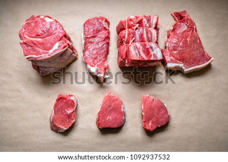 Steak meat. Roasting beef tenderloin. High-quality beef is taken from the hindquarters of the animal typically cut into thick slices that are cooked by boiling or frying. Royalty-Free Stock Photo #1092937532