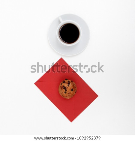 Sweet Dessert cookies in the shape of a heart with coffee on white background. Good morning, breakfast. Spring. Flat lay. Minimalism. Minimalism Stock Photography