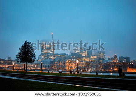 Night view of London at fog and rain, United Kingdom