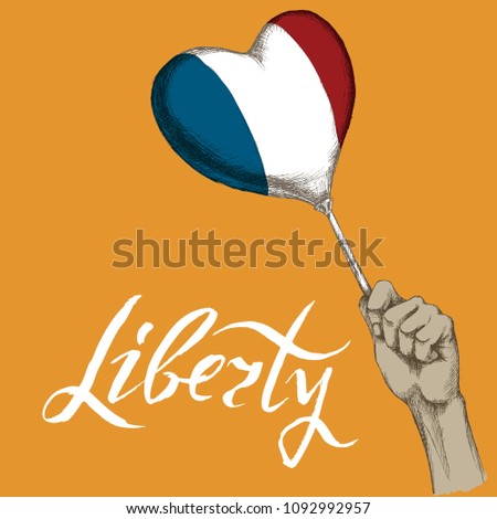 Hand lettering freedom. Hand drawing, sketch. A heart-shaped balloon, the state colors of France on a neutral background.