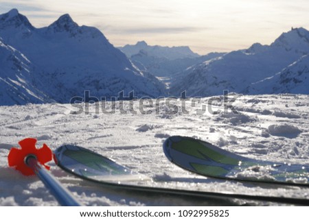 Ski equipment with mountains in the background