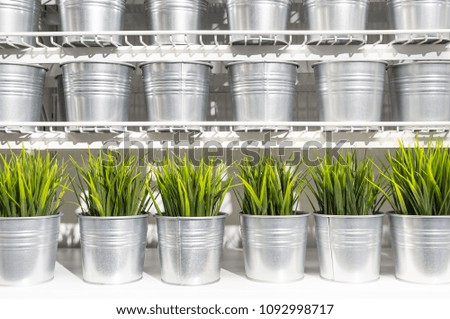Green plants in pots made of galvanized sheet background, Modern growing crop symbol