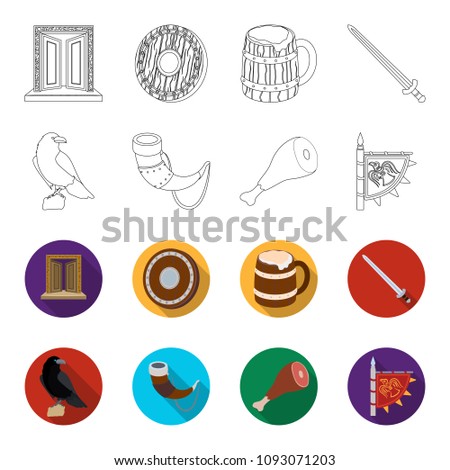 Sitting crow, horn with drink, ham, victory flag. Vikings set collection icons in outline,flet style bitmap symbol stock illustration web.