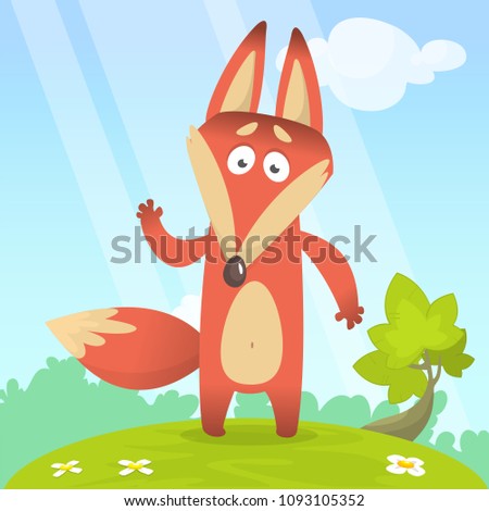 Fox in the grass - a children's cartoon illustration - stylized vector image. For print, create videos or web graphic design, user interface, card, poster.