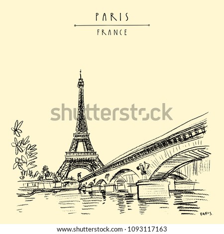 Paris, France, Europe. Eiffel Tower, bridge and water. Hand drawing in retro style. Travel sketch. Vintage hand drawn touristic postcard, poster or book illustration in vector