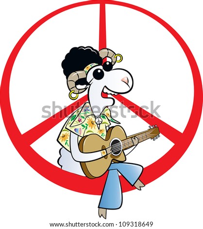 vector illustration of a hippie ram character with afro hair, dark glasses sitting on peace sign, playing acoustic guitar singing song. peace forever!