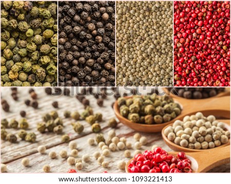 Four variations of peppercorns. Photo of colorful mix stripes with spices backgrounds. Collection of spices
