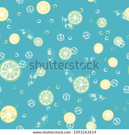 Fruit pattern with lemon and lime, ice cubes and mint leaves on a blue background. Stylish background with citrus for fabric, cover, plastic. Cold cocktail with lemon and lime. Freshness.