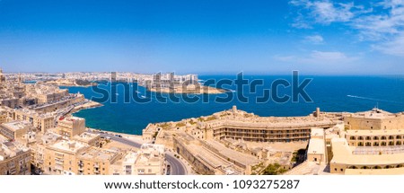 Aerial panorama sunrise photo - Ancient capital city of Valletta Malta. Island Country of Europe in the Mediterranean Sea