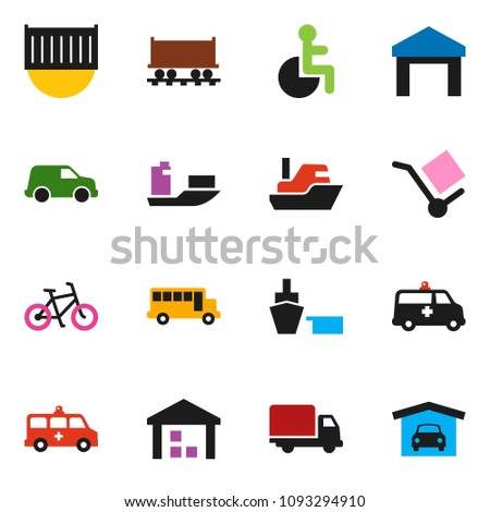 solid vector ixon set - school bus vector, bike, Railway carriage, ship, sea container, delivery, car, port, cargo, warehouse, disabled, amkbulance, garage