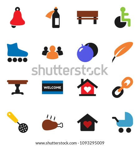 solid vector ixon set - welcome mat vector, skimmer, chicken leg, pen, bell, fitball, roller Skates, link, group, disabled, potion, bench, table, love home, baby stroller