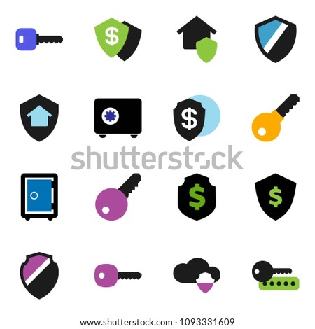 solid vector icon set - dollar shield vector, safe, cloud, key, home protect, password