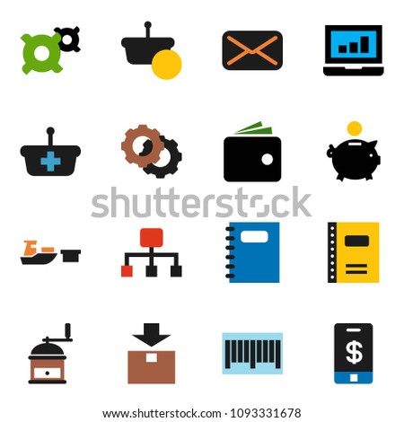 solid vector icon set - hand mill vector, copybook, laptop graph, wallet, piggy bank, any currency, port, package, mail, gear, hierarchy, barcode, basket, tap pay