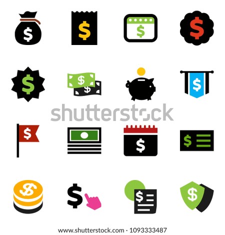 solid vector icon set - cash vector, money bag, piggy bank, receipt, dollar medal, flag, calendar, cursor, coin, shield