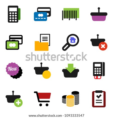 solid vector icon set - cart vector, credit card, coin stack, estate document, search, new, barcode, reader, basket, shopping list