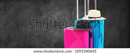 Blue and Pink Trunks Two Suitcases Luggage Travel Things Accessories Clothes Summer Hats Concept Summer Holiday Adventure Preparation Trip Isolated on Dark Background Banner
