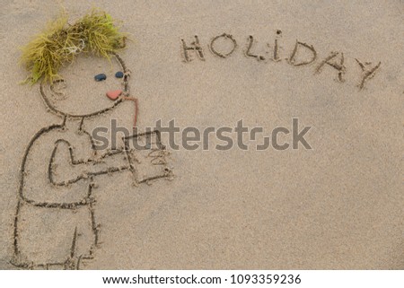 Draw a man who drinks lemonade on the sand on the beach in summer. Holiday concept for hotels and travel agency.