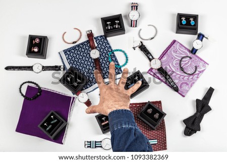 Male accessory concept. Handkerchief, Tie, Clock, Cuff Button.