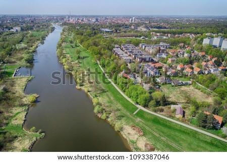 Wroclaw Biskupin with Odra river from the sky